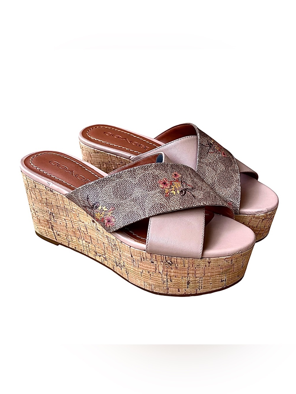 COACH Blush & Tan Flower Logo Leather Cork Platform Slide Sandals